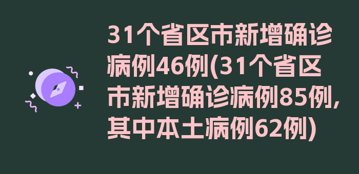 31个省区市新增确诊病例46例(31个省区市新增确诊病例85例,其中本土病例62例)