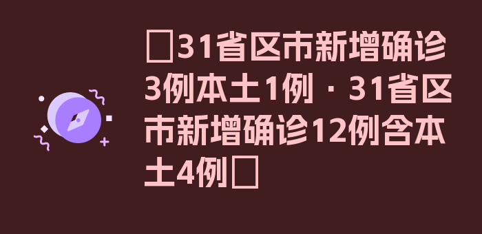 〖31省区市新增确诊3例本土1例·31省区市新增确诊12例含本土4例〗