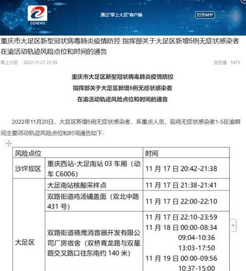 11月3日重庆大足新增3例确诊病例+8例无症状感染者